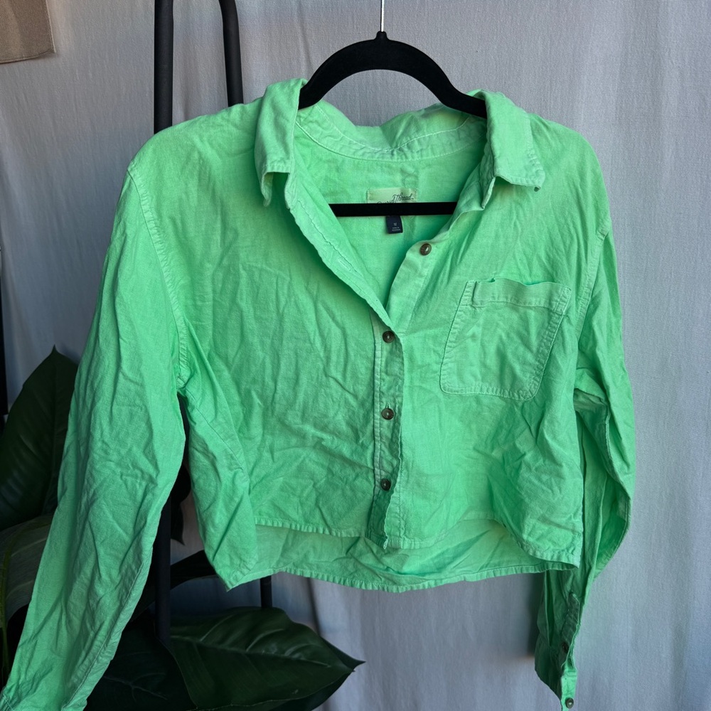 Universal Thread Neon Green Stone Wash Linen Blend Boxy Cropped Longsleeve / M